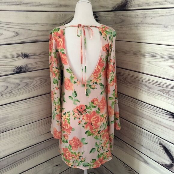 Lulus Blush Floral Long Bell Sleeve Open Back Swing  Dress XS NWT - Picture 6 of 8